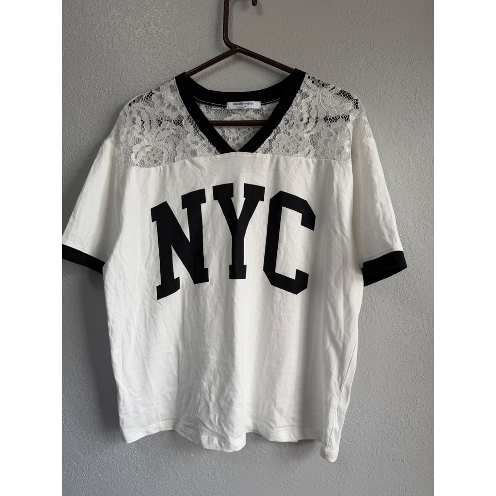 Grayson Threads NYC Graphic T-Shirt White Lace Yoke V-Neck Womens Small